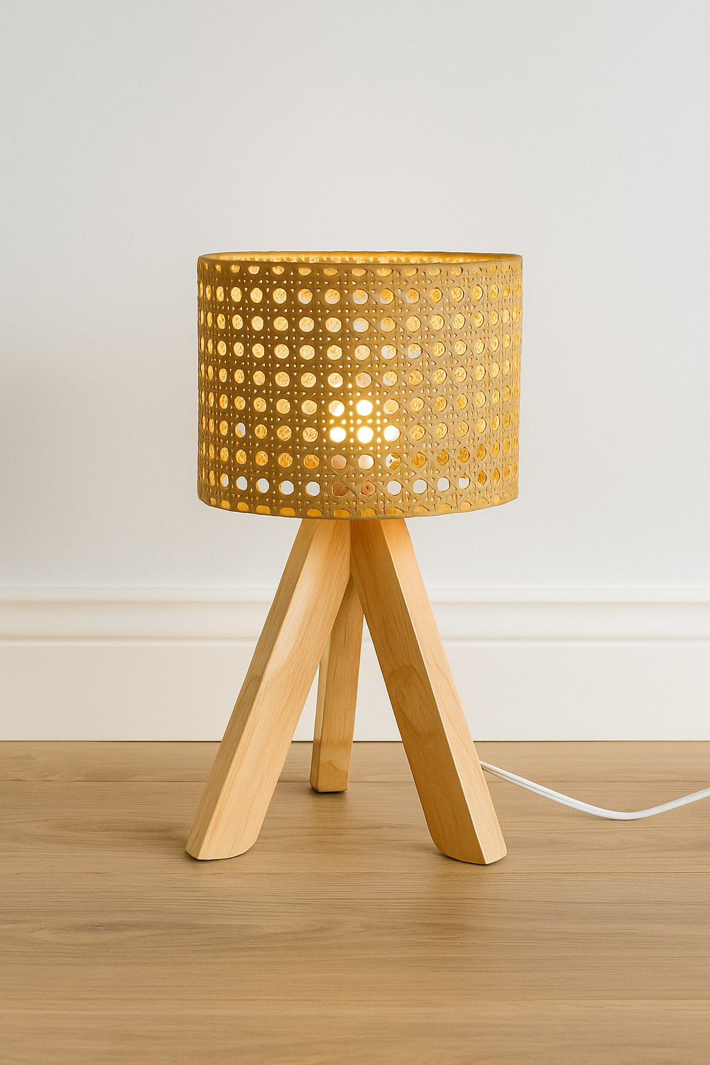 Wooden cave-style tripod desk lamp with woven shade and USB power – wabi sabi Japanese lighting.