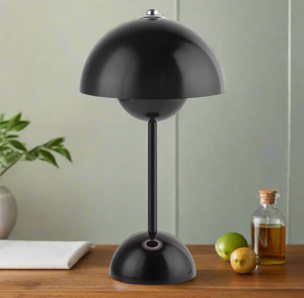 black mushroom desk lamp minimalist design with touch control and warm glow

