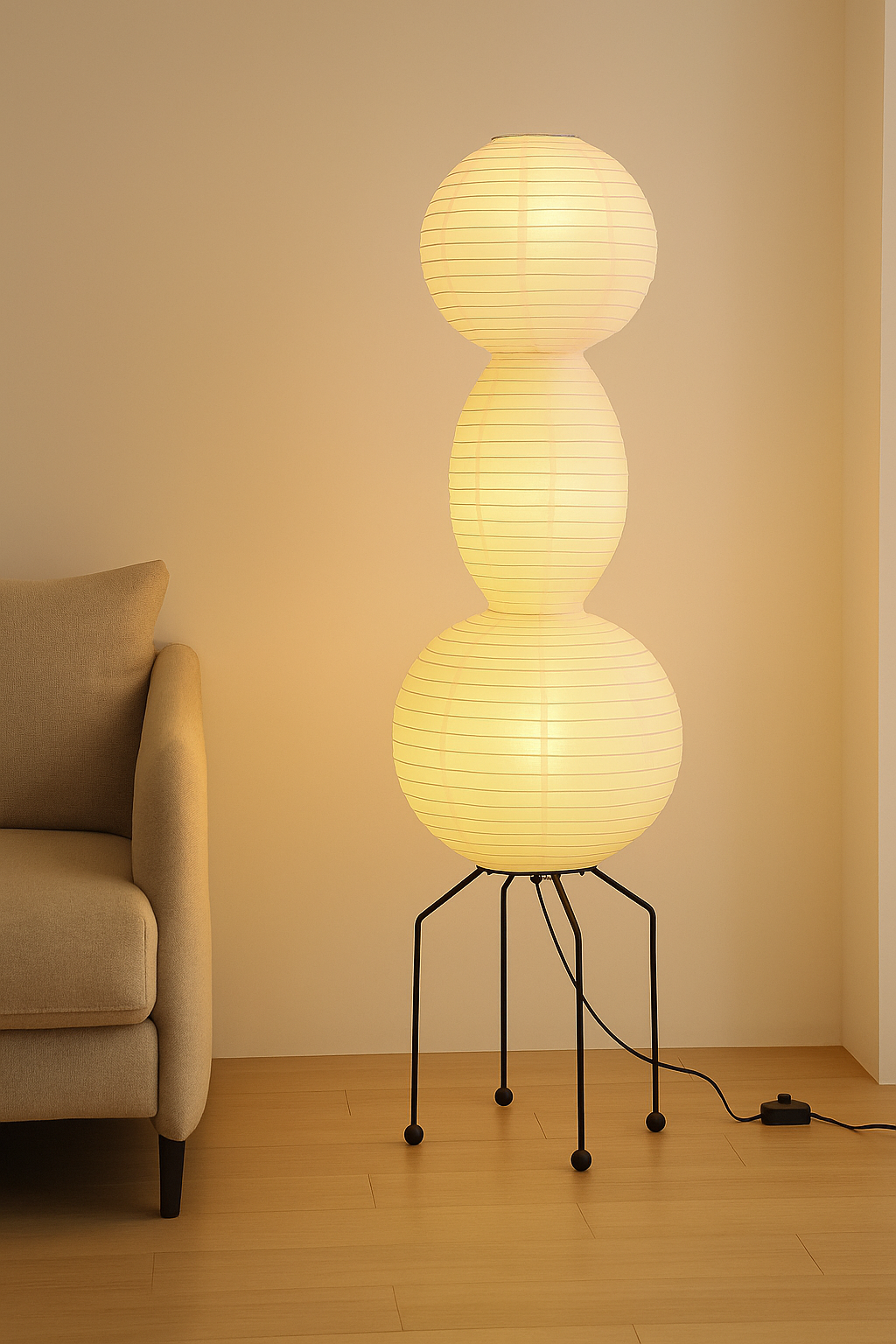 Japanese rice paper Wabi-Sabi floor lamp for cozy bedroom or living room corner lighting, 120 cm tall