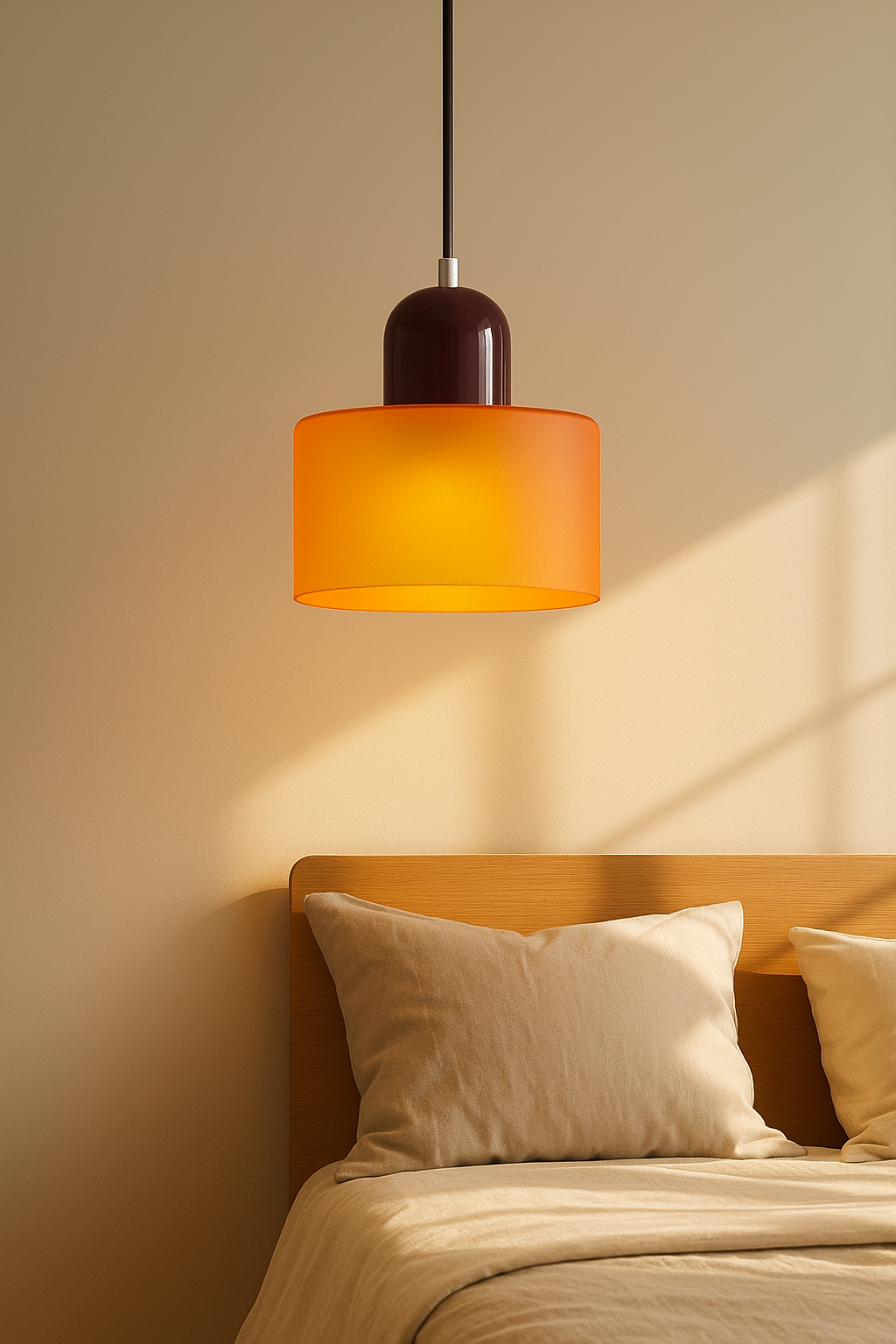 Colorful glass pendant light hanging over a modern bedside table

